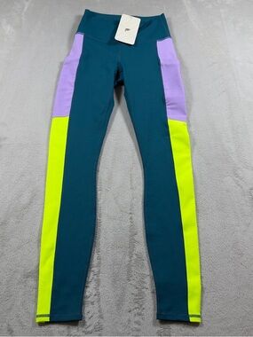 Fabletics Women Colorblock Leggings - Teal, Purple & Neon Yellow